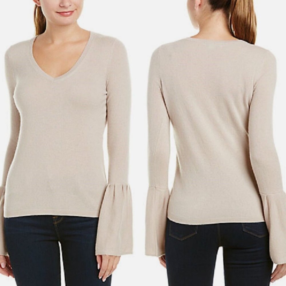 Christopher‎ Fischer Women 100% Cashmere Sweater V-Neck Bell Sleeve Boho Coastal